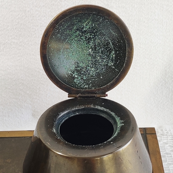 Vintage SilverCrest Decorated Bronze Double Inkwell & Notepad Holder, Art Deco - Picture 6 of 16